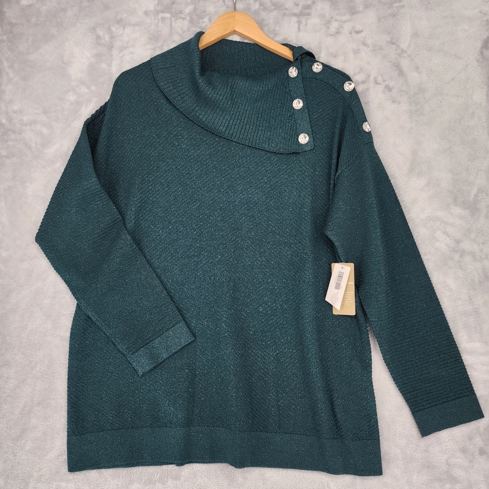 Chicos Sweater Size Large Rhinestone Sparkle Envelope Neck Goddess Green NWT